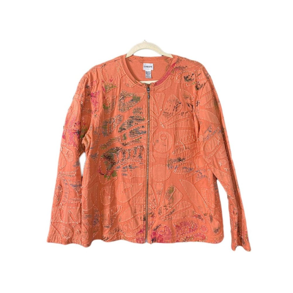 Chico's Peach Patchwork Stitched Zip Up Cardigan - image 1